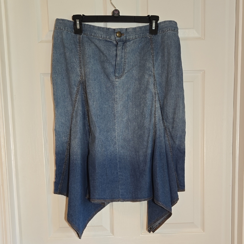 Soft Surroundings Blue Ombre Shark Hem Denim Midi Skirt-No Size Waist 17"-18"
